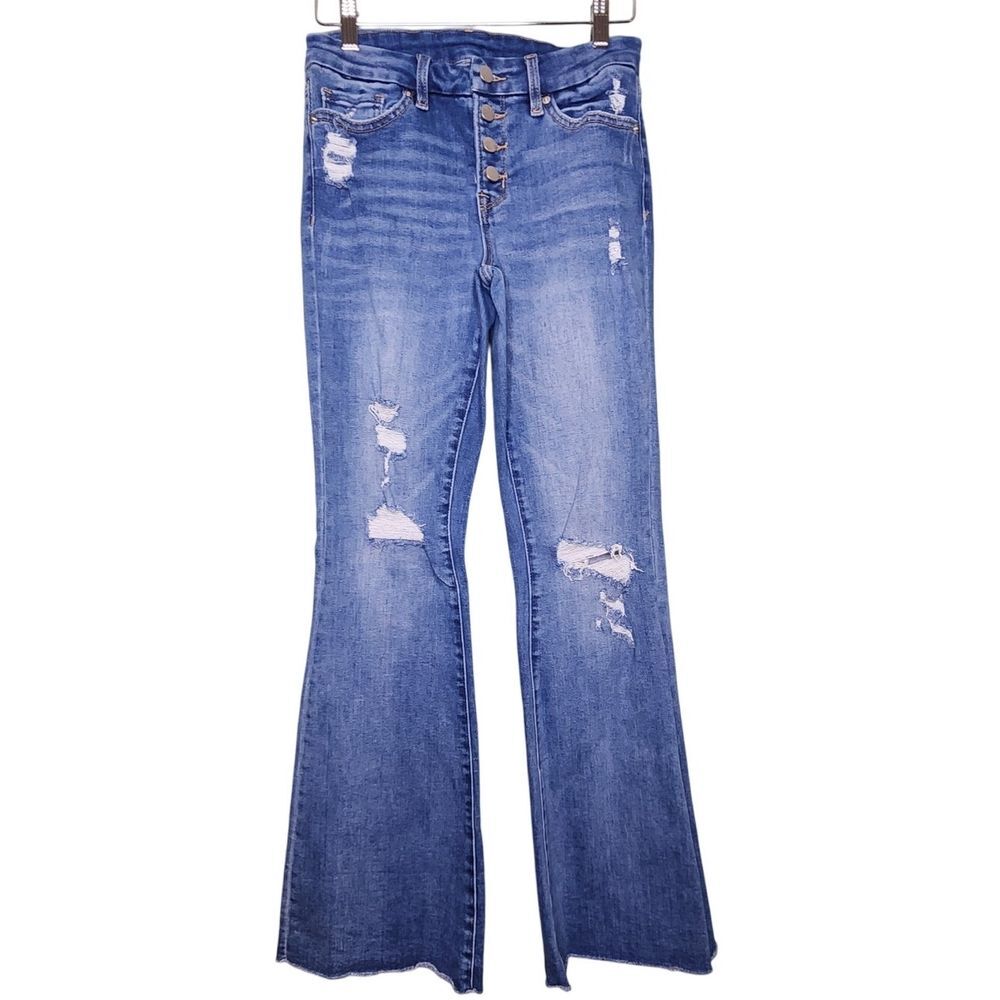 Flare‎ Leg Distressed Jeans M Button Fly Medium Wash Raw Hem Unbranded Denim